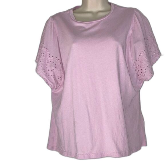 GAP Eyelet Crochet Tshirt Pink Crew Neck Short Sleeve Womens Large - Picture 2 of 11